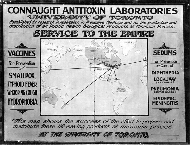 A map from Connaught Antitoxin Laboratories shows them distributing vaccines to China, New Zealand, the Caribbean and Europe.