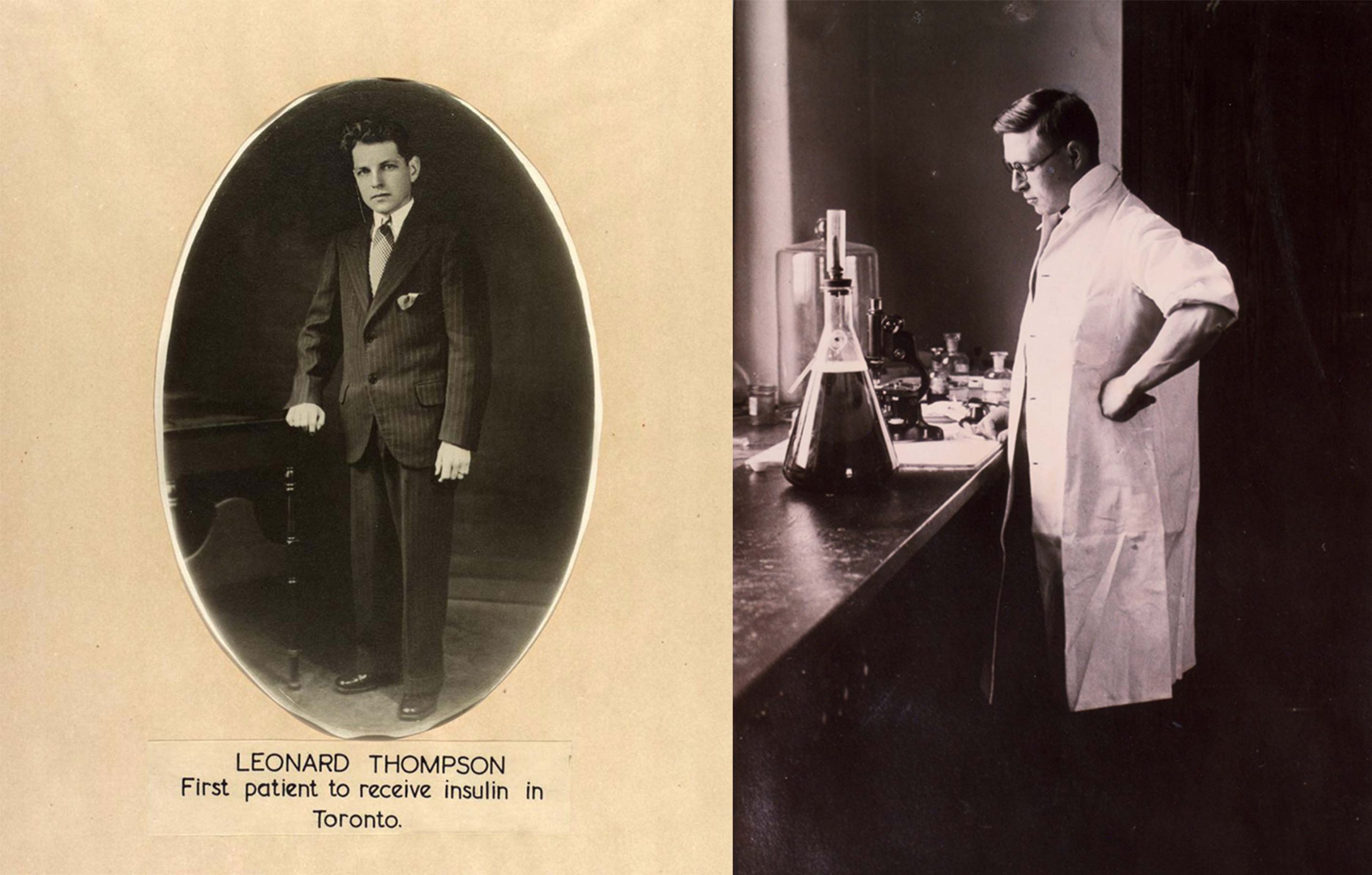 A formal studio portrait of a healthy Leonard Thompson at age 14, captioned: First patient to receive insulin in Toronto. A young James B. Collip wears a lab coat and glasses. He stands in front of a lab bench containing a microscope and glassware