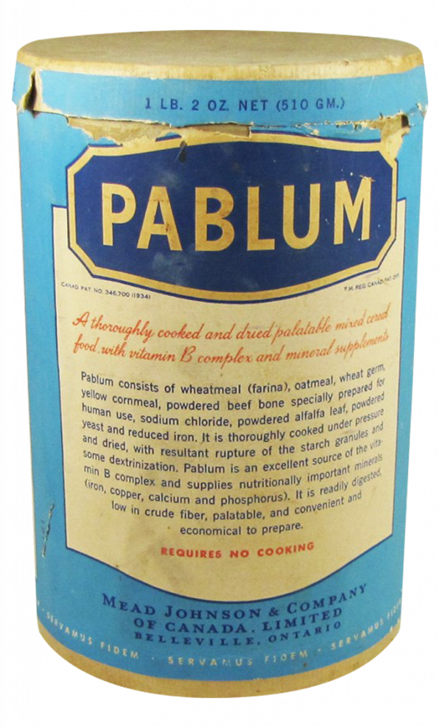 A round paper cylinder labelled Pablum: a thoroughly cooked dried palatable mixed cereal food, vitamin and mineral enriched.