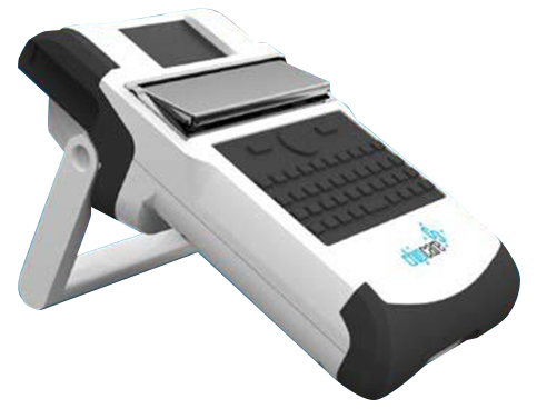 The handheld Chipcare device has a tiny screen, a small slot covered by a metal flap, and a small keyboard.