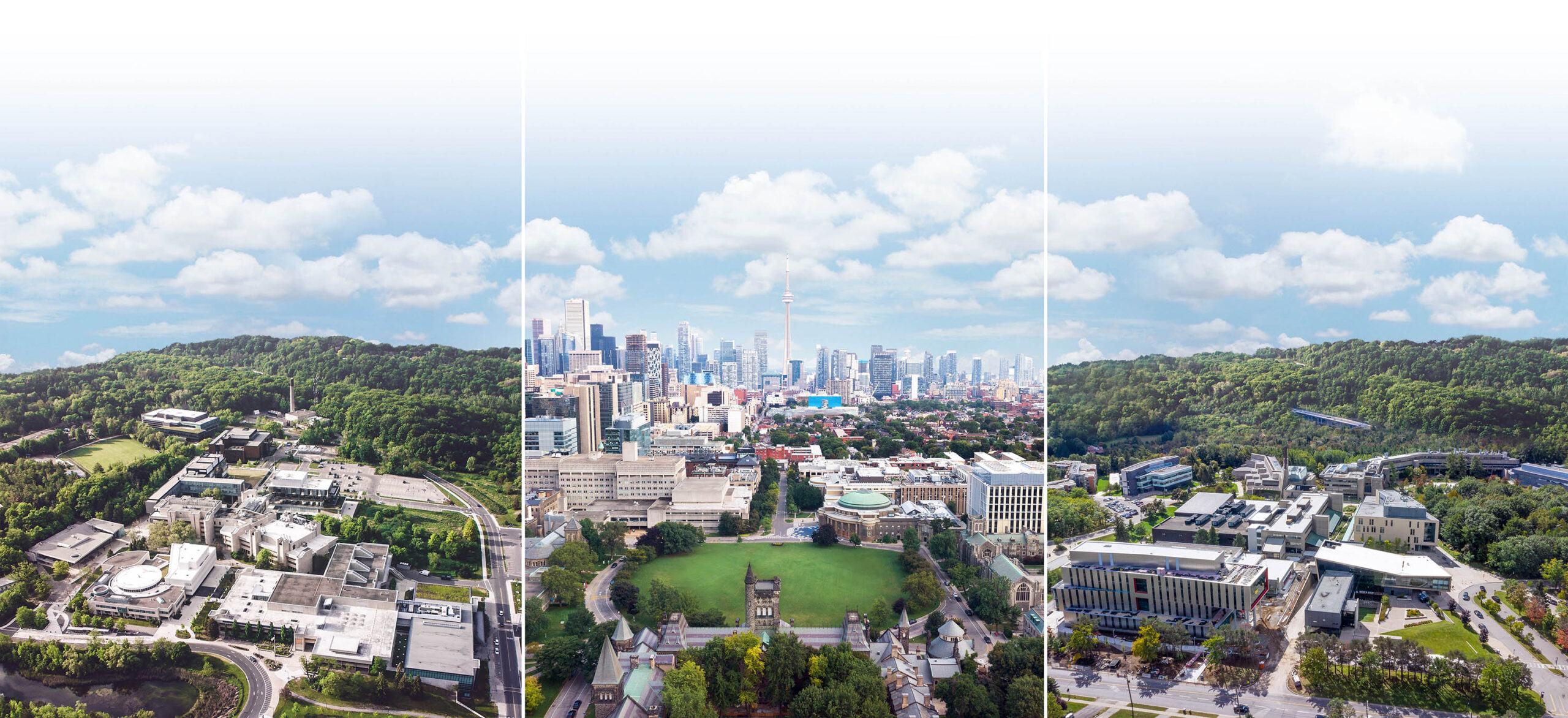 An aerial view of the University of Toronto looking south. The downtown Toronto skyline is in the background.