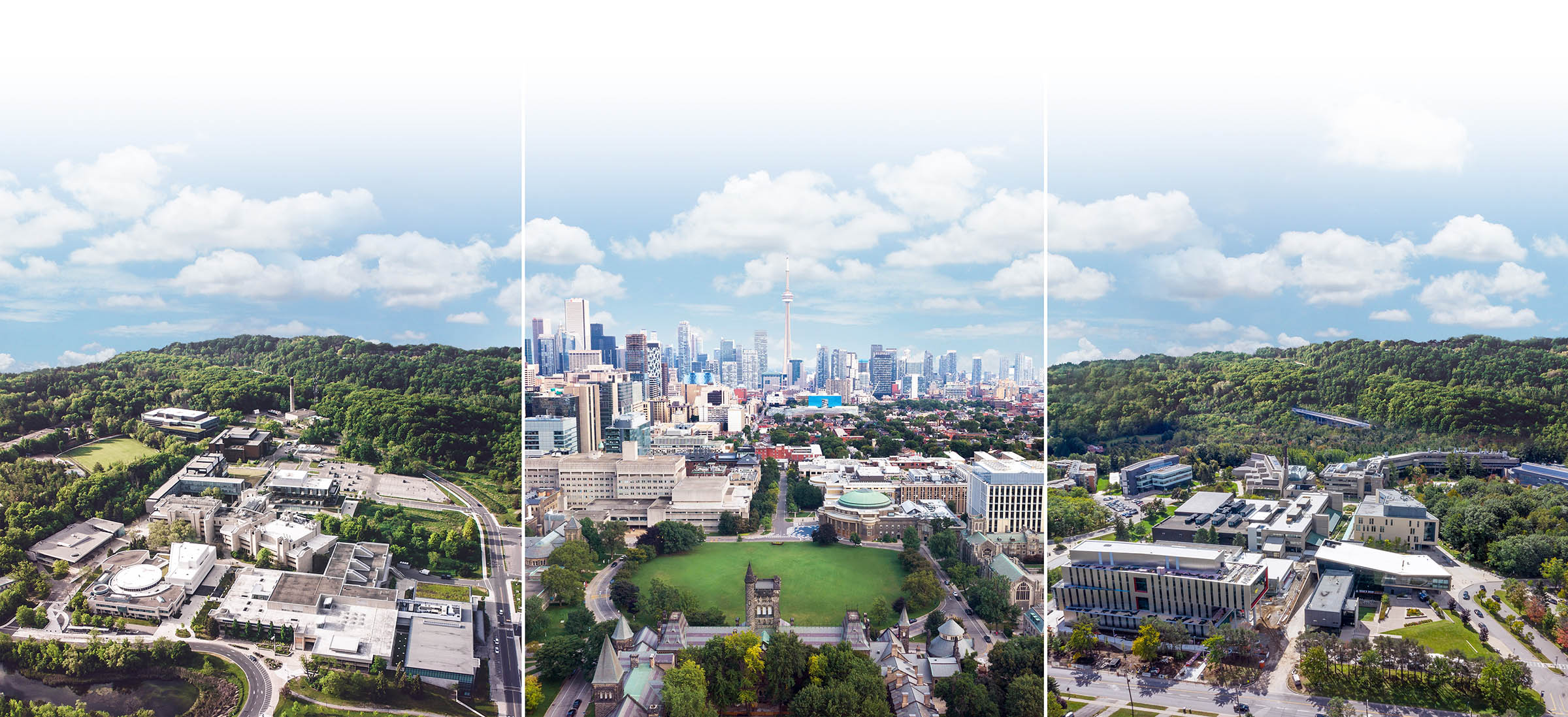 An aerial view of the University of Toronto looking south. The downtown Toronto skyline is in the background.